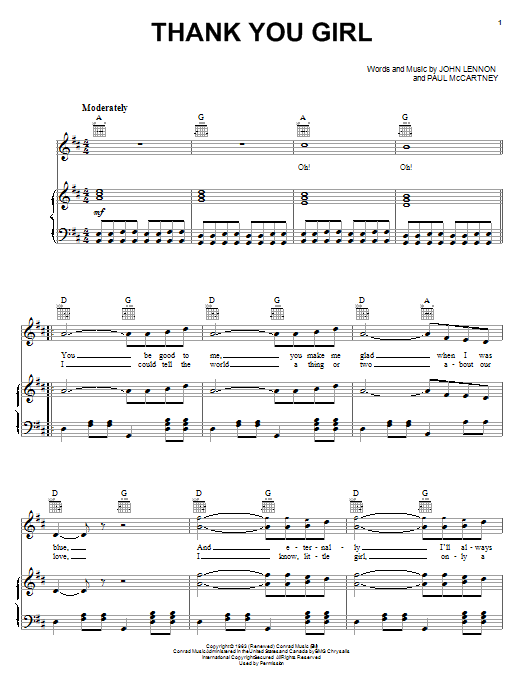 Learn to play The Beatles Thank You Girl sheet music for Piano, Vocal & Guitar (Right-Hand Melody) in minutes. The Beatles Thank You Girl sheet music notes and chords. Download Printable PDF.