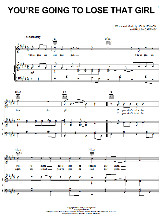 Learn to play The Beatles You're Going To Lose That Girl sheet music for Piano, Vocal & Guitar (Right-Hand Melody) in minutes. The Beatles You're Going To Lose That Girl sheet music notes and chords. Download Printable PDF.
