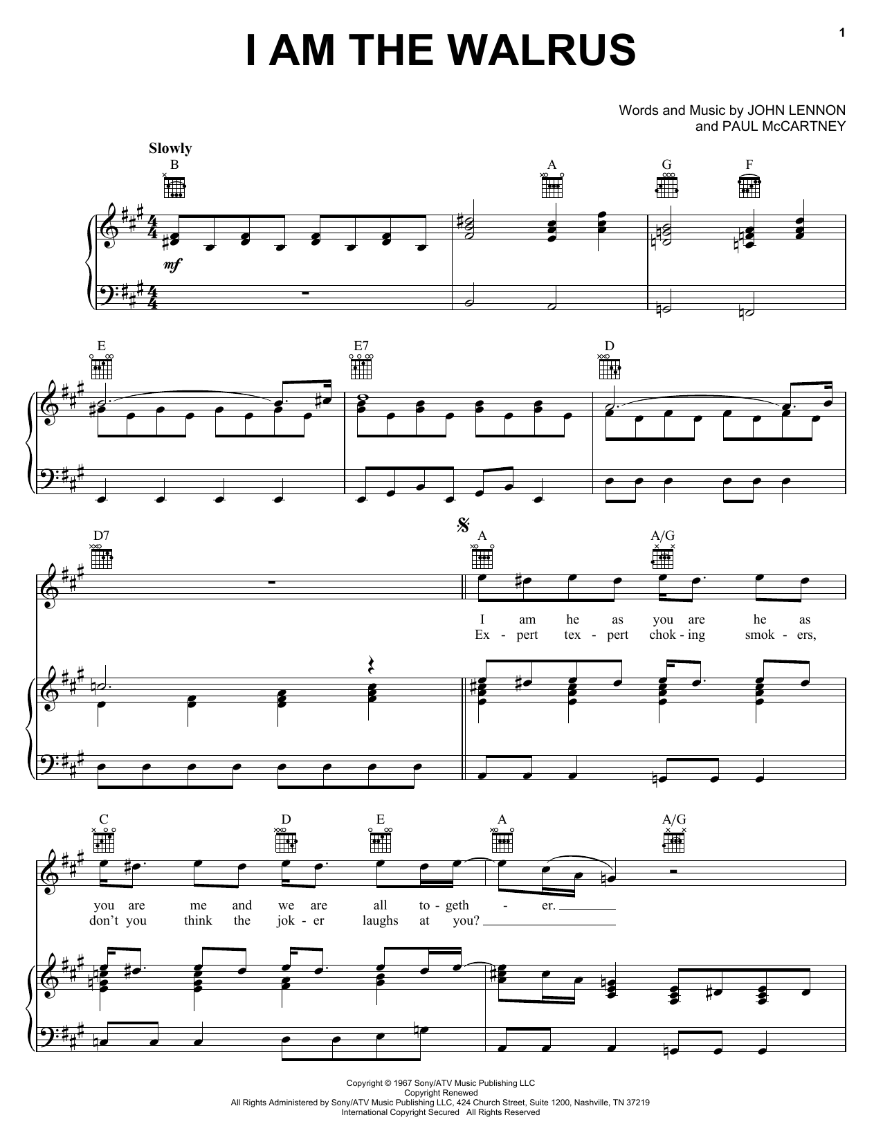 Learn to play The Beatles I Am The Walrus sheet music for Piano, Vocal & Guitar (Right-Hand Melody) in minutes. The Beatles I Am The Walrus sheet music notes and chords. Download Printable PDF.