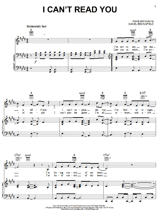 Learn to play Daniel Bedingfield I Can't Read You sheet music for Piano, Vocal & Guitar (Right-Hand Melody) in minutes. Daniel Bedingfield I Can't Read You sheet music notes and chords. Download Printable PDF.
