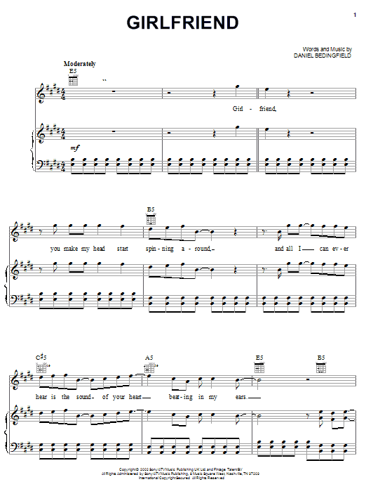Learn to play Daniel Bedingfield Girlfriend sheet music for Piano, Vocal & Guitar (Right-Hand Melody) in minutes. Daniel Bedingfield Girlfriend sheet music notes and chords. Download Printable PDF.