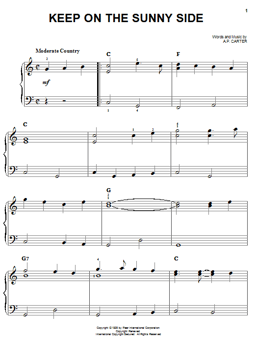 Learn to play The Carter Family Keep On The Sunny Side sheet music for Easy Piano in minutes. The Carter Family Keep On The Sunny Side sheet music notes and chords. Download Printable PDF.