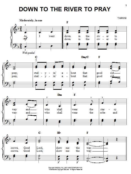Learn to play Alison Krauss Down To The River To Pray sheet music for Easy Piano in minutes. Alison Krauss Down To The River To Pray sheet music notes and chords. Download Printable PDF.