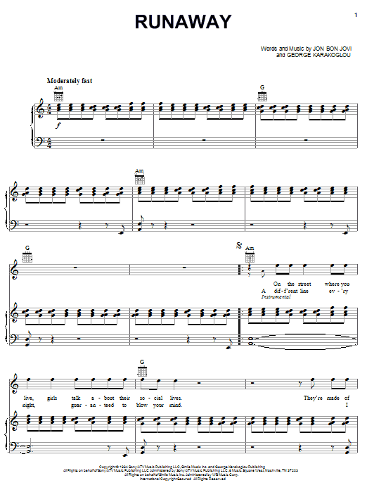Learn to play Bon Jovi Runaway sheet music for Piano, Vocal & Guitar (Right-Hand Melody) in minutes. Bon Jovi Runaway sheet music notes and chords. Download Printable PDF.