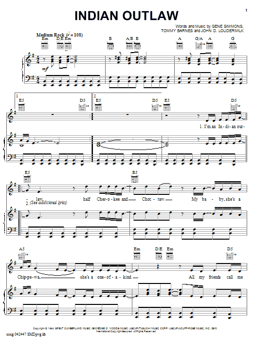 Learn to play Tim McGraw Indian Outlaw sheet music for Piano, Vocal & Guitar (Right-Hand Melody) in minutes. Tim McGraw Indian Outlaw sheet music notes and chords. Download Printable PDF.