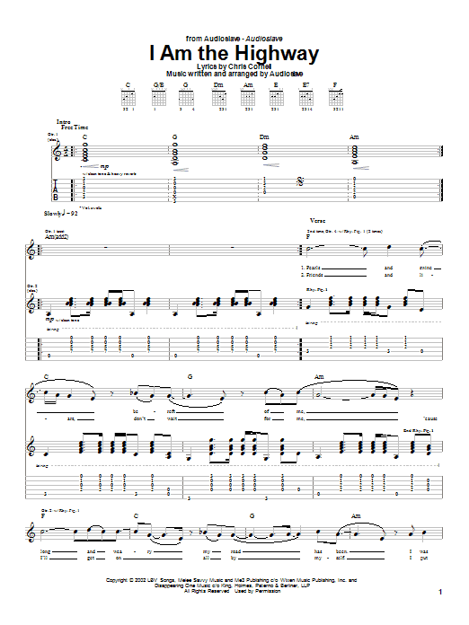 Learn to play Audioslave I Am The Highway sheet music for Guitar Tab in minutes. Audioslave I Am The Highway sheet music notes and chords. Download Printable PDF.