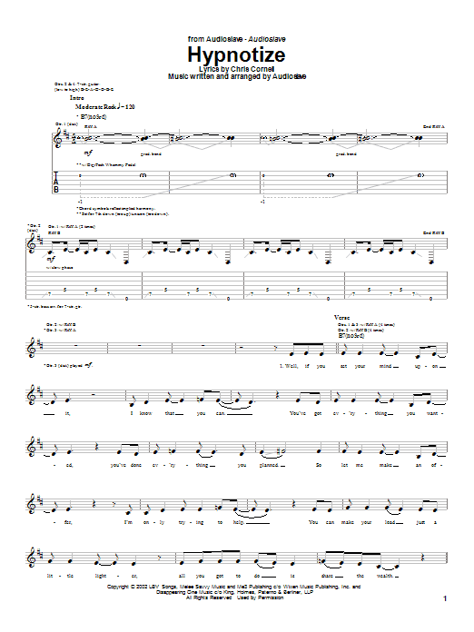 Learn to play Audioslave Hypnotize sheet music for Guitar Tab in minutes. Audioslave Hypnotize sheet music notes and chords. Download Printable PDF.