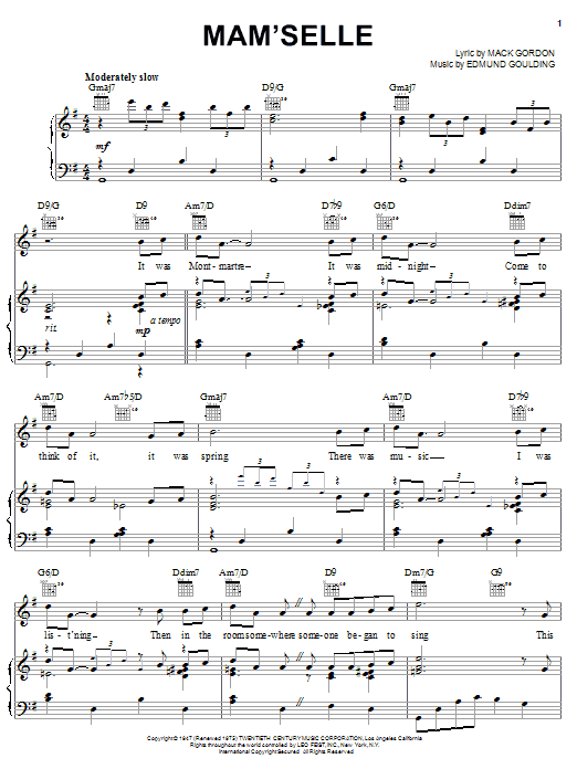 Learn to play Frank Sinatra Mam'selle sheet music for Piano, Vocal & Guitar (Right-Hand Melody) in minutes. Frank Sinatra Mam'selle sheet music notes and chords. Download Printable PDF.