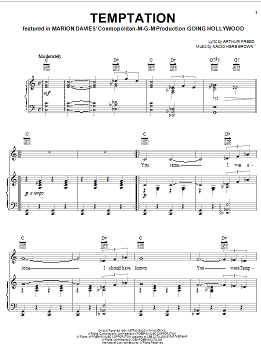 Learn to play Bing Crosby Temptation sheet music for Piano, Vocal & Guitar (Right-Hand Melody) in minutes. Bing Crosby Temptation sheet music notes and chords. Download Printable PDF.