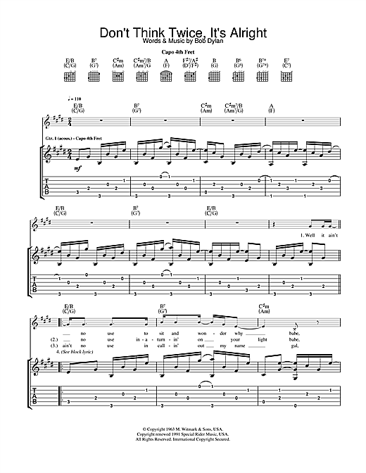 Bob Dylan Don T Think Twice It S Alright Sheet Music Notes Download Printable Pdf Score