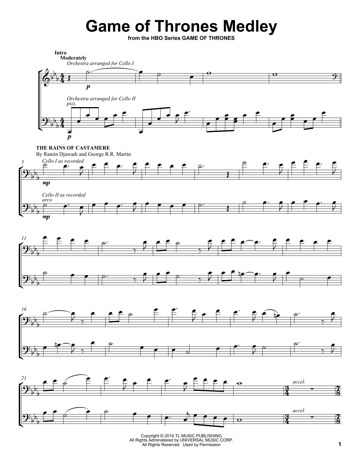 Download 2Cellos Game Of Thrones Medley Sheet Music and learn how to play Cello Duet PDF digital score in minutes