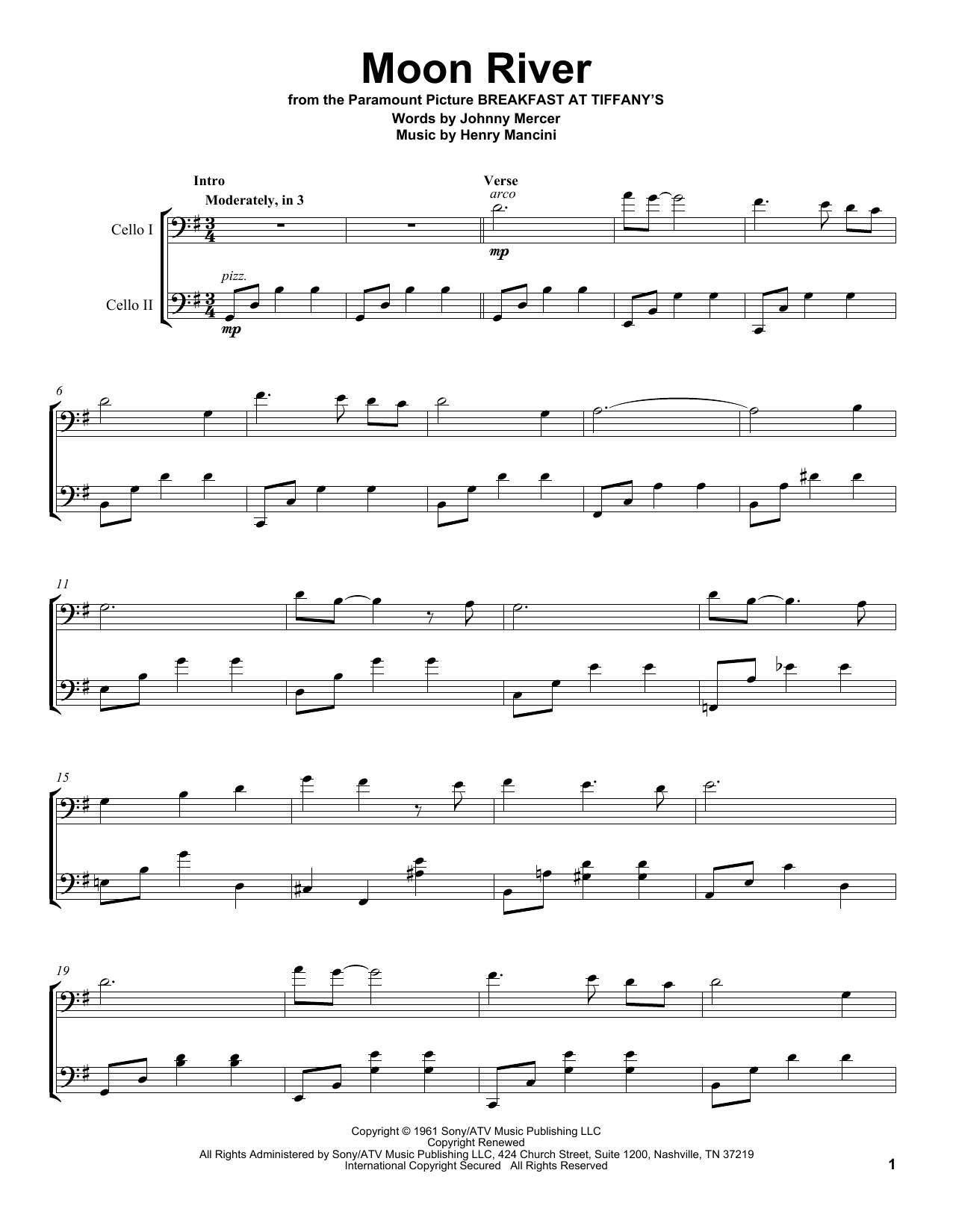 Download 2Cellos Moon River Sheet Music and learn how to play Cello Duet PDF digital score in minutes