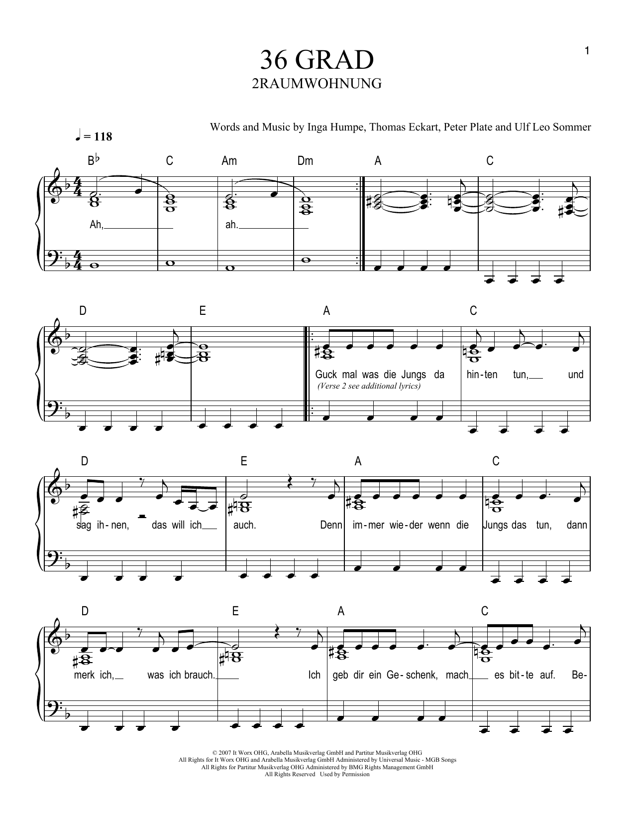 Download 2raumwohnung 36Grad Sheet Music and learn how to play Easy Piano PDF digital score in minutes