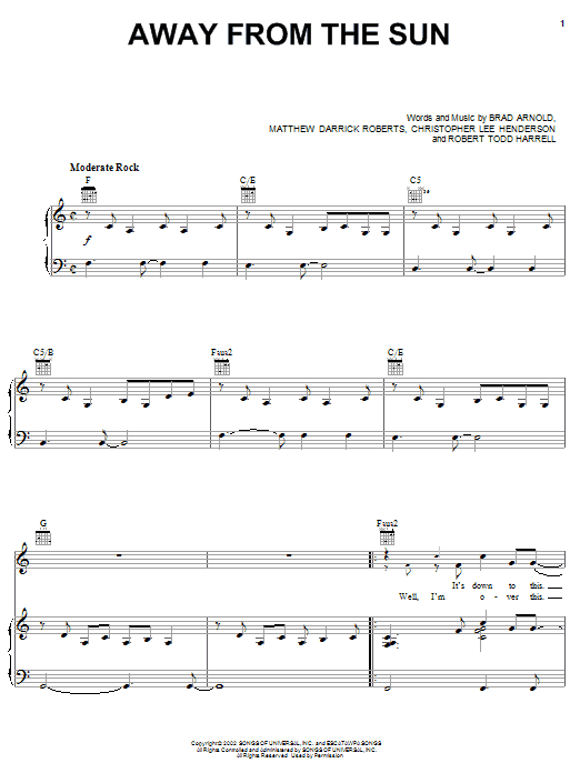 Download 3 Doors Down Away From The Sun Sheet Music and learn how to play Piano, Vocal & Guitar (Right-Hand Melody) PDF digital score in minutes