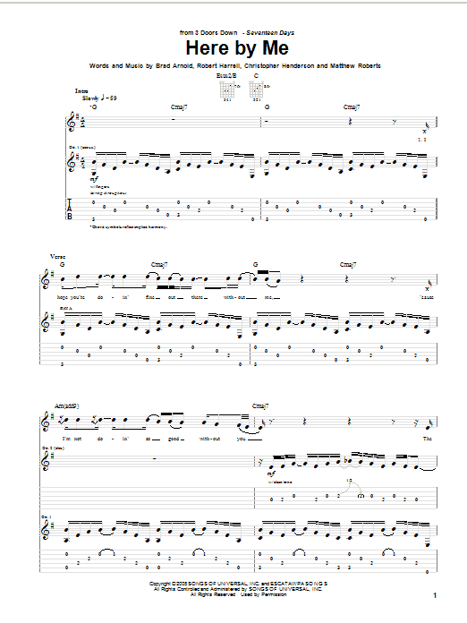 Download 3 Doors Down Here By Me Sheet Music and learn how to play Guitar Tab PDF digital score in minutes