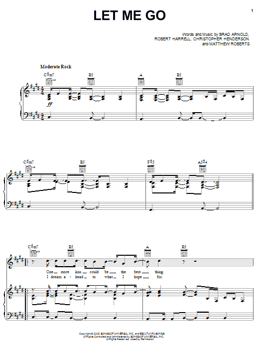 Download 3 Doors Down Let Me Go Sheet Music and learn how to play Piano, Vocal & Guitar (Right-Hand Melody) PDF digital score in minutes