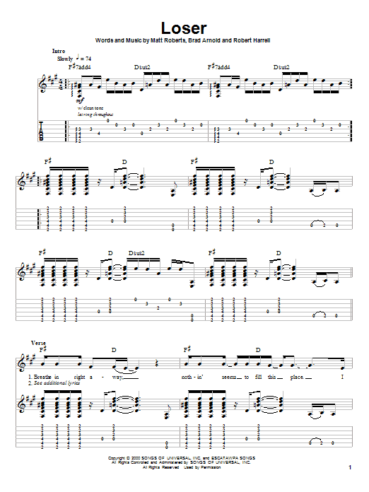 Download 3 Doors Down Loser Sheet Music and learn how to play Guitar Tab (Single Guitar) PDF digital score in minutes