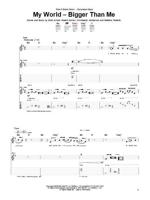 Download 3 Doors Down My World - Bigger Than Me Sheet Music and learn how to play Guitar Tab PDF digital score in minutes