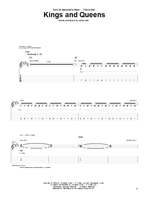 Download 30 Seconds To Mars Kings And Queens Sheet Music and learn how to play Guitar Tab PDF digital score in minutes