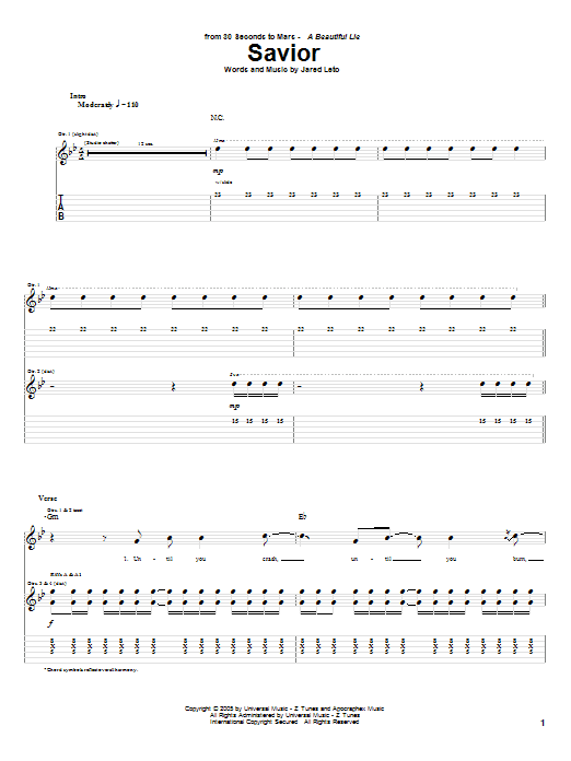 Download 30 Seconds To Mars Savior Sheet Music and learn how to play Guitar Tab PDF digital score in minutes