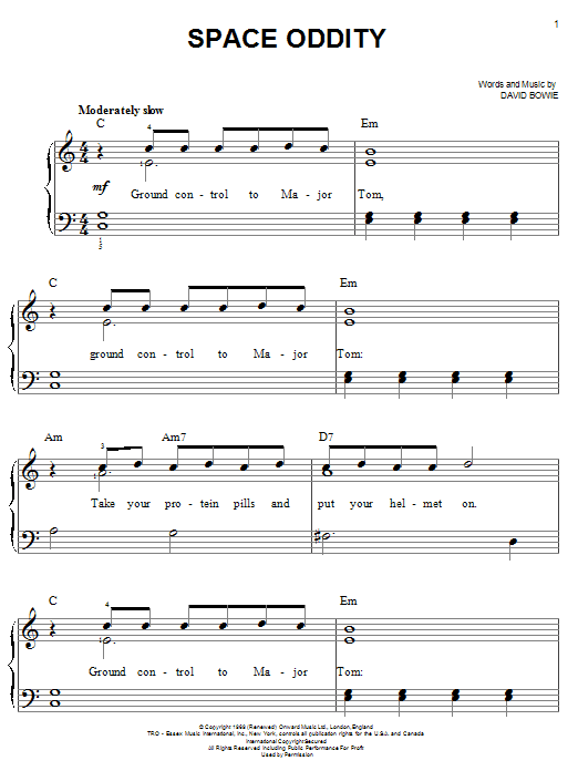 Learn to play David Bowie Space Oddity sheet music for Easy Piano in minutes. David Bowie Space Oddity sheet music notes and chords. Download Printable PDF.