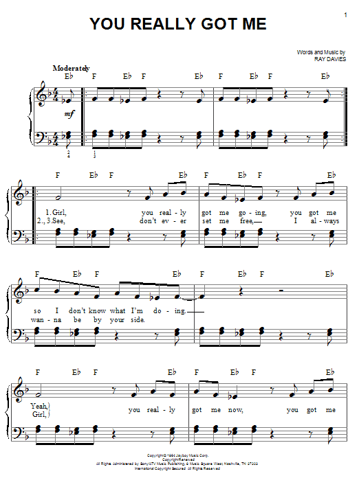 Learn to play The Kinks You Really Got Me sheet music for Easy Piano in minutes. The Kinks You Really Got Me sheet music notes and chords. Download Printable PDF.