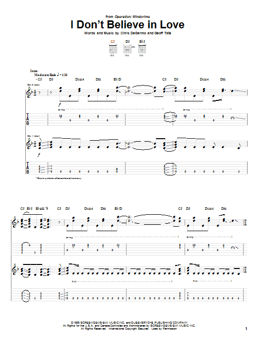 Learn to play Queensryche I Don't Believe In Love sheet music for Guitar Tab in minutes. Queensryche I Don't Believe In Love sheet music notes and chords. Download Printable PDF.
