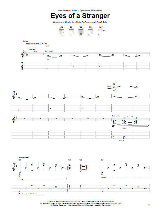 Learn to play Queensryche Eyes Of A Stranger sheet music for Guitar Tab in minutes. Queensryche Eyes Of A Stranger sheet music notes and chords. Download Printable PDF.
