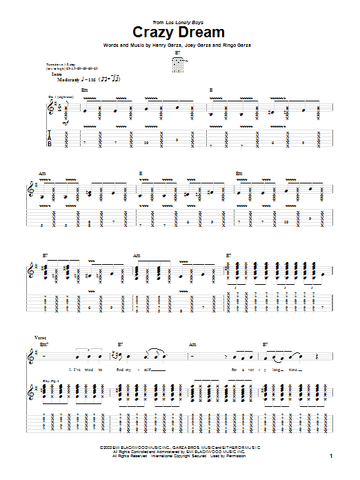 Learn to play Los Lonely Boys Crazy Dream sheet music for Guitar Tab in minutes. Los Lonely Boys Crazy Dream sheet music notes and chords. Download Printable PDF.