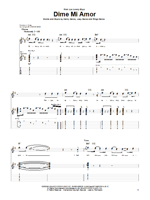 Learn to play Los Lonely Boys Dime Mi Amor sheet music for Guitar Tab in minutes. Los Lonely Boys Dime Mi Amor sheet music notes and chords. Download Printable PDF.