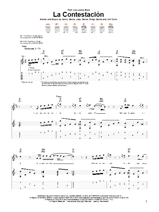 Learn to play Los Lonely Boys La Contestacion sheet music for Guitar Tab in minutes. Los Lonely Boys La Contestacion sheet music notes and chords. Download Printable PDF.