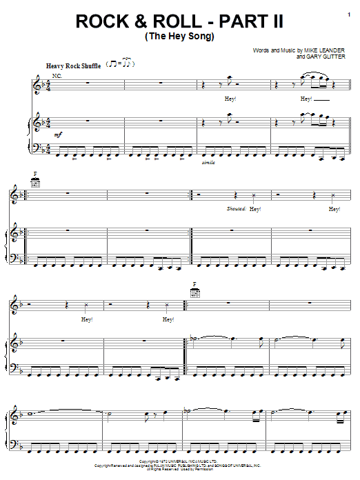 Learn to play Gary Glitter Rock & Roll - Part II (The Hey Song) sheet music for Piano, Vocal & Guitar (Right-Hand Melody) in minutes. Gary Glitter Rock & Roll - Part II (The Hey Song) sheet music notes and chords. Download Printable PDF.