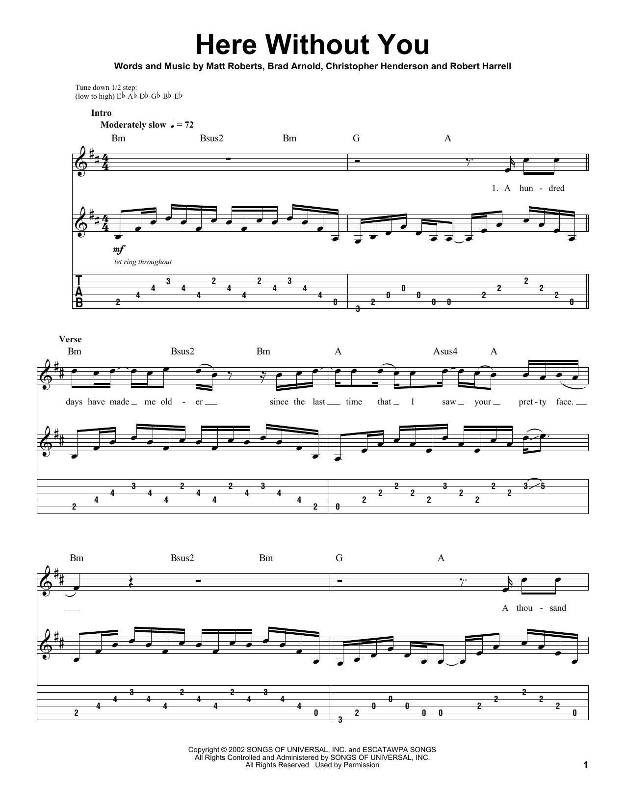 Learn to play 3 Doors Down Here Without You sheet music for Guitar Tab in minutes. 3 Doors Down Here Without You sheet music notes and chords. Download Printable PDF.
