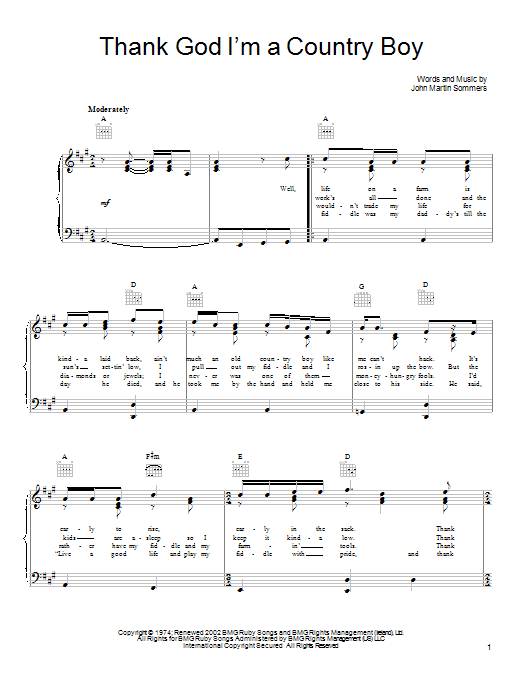 Learn to play John Denver Thank God I'm A Country Boy sheet music for Piano, Vocal & Guitar (Right-Hand Melody) in minutes. John Denver Thank God I'm A Country Boy sheet music notes and chords. Download Printable PDF.