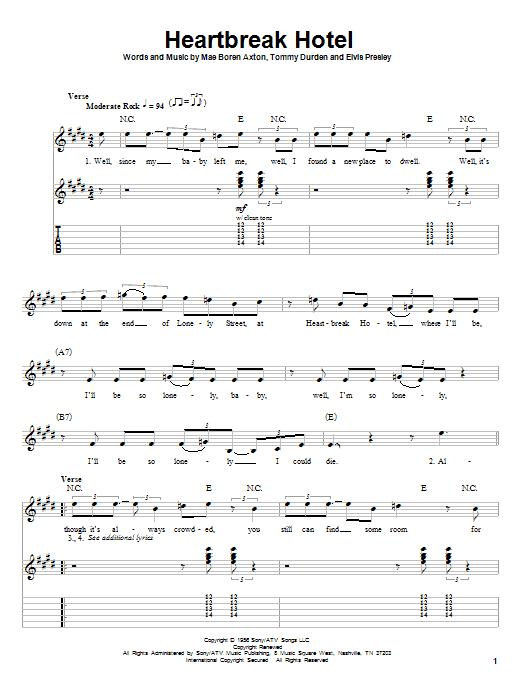 Learn to play Elvis Presley Heartbreak Hotel sheet music for Guitar Tab in minutes. Elvis Presley Heartbreak Hotel sheet music notes and chords. Download Printable PDF.