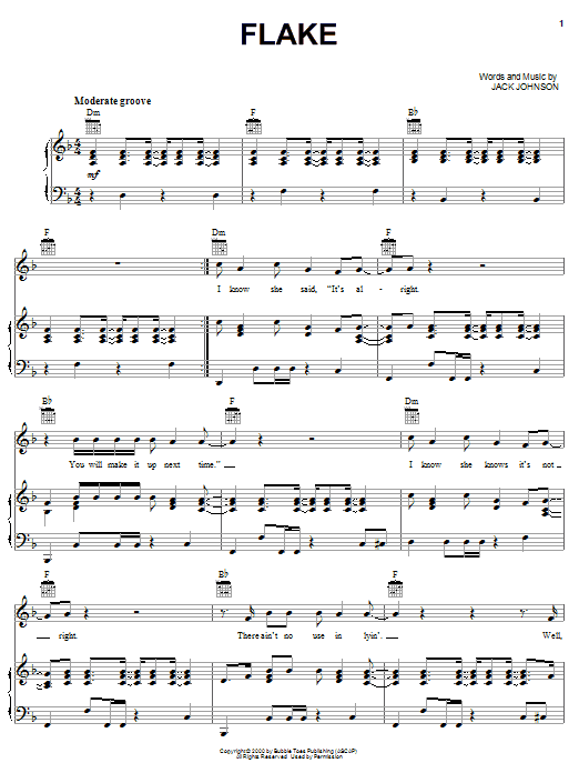 Learn to play Jack Johnson Flake sheet music for Piano, Vocal & Guitar (Right-Hand Melody) in minutes. Jack Johnson Flake sheet music notes and chords. Download Printable PDF.