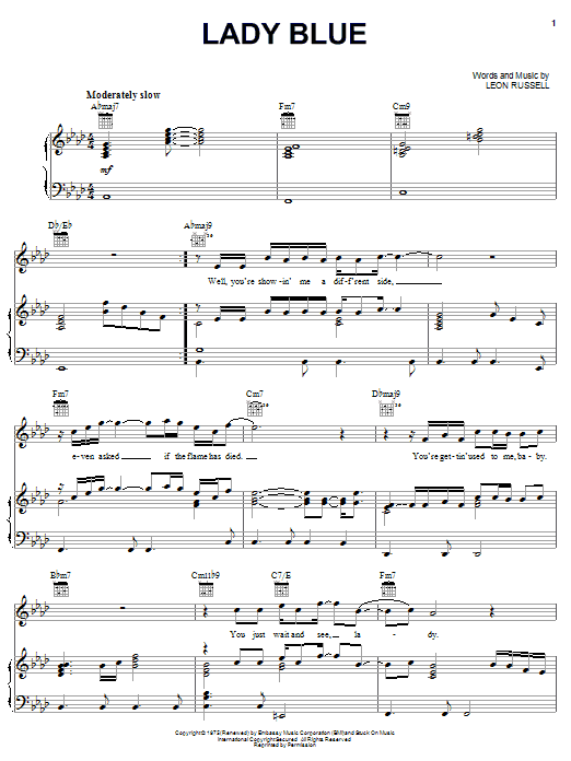 Learn to play Leon Russell Lady Blue sheet music for Piano, Vocal & Guitar (Right-Hand Melody) in minutes. Leon Russell Lady Blue sheet music notes and chords. Download Printable PDF.