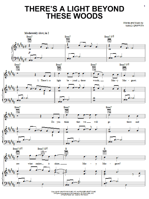Learn to play Nanci Griffith There's A Light Beyond These Woods sheet music for Piano, Vocal & Guitar (Right-Hand Melody) in minutes. Nanci Griffith There's A Light Beyond These Woods sheet music notes and chords. Download Printable PDF.