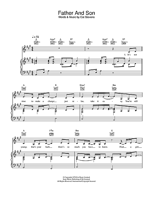 Learn to play Ronan Keating Father And Son (feat. Yusuf) sheet music for Piano, Vocal & Guitar (Right-Hand Melody) in minutes. Ronan Keating Father And Son (feat. Yusuf) sheet music notes and chords. Download Printable PDF.