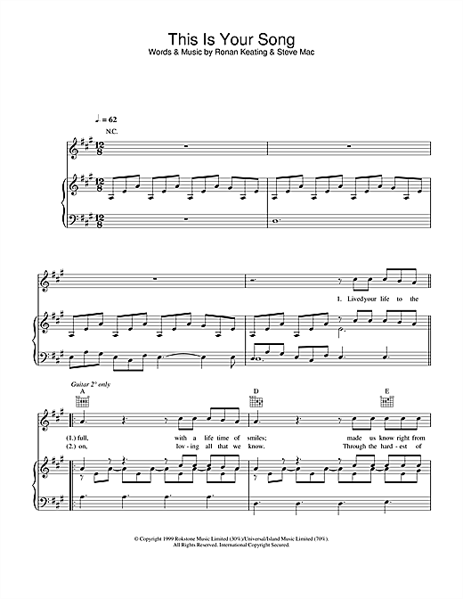 Learn to play Ronan Keating This Is Your Song sheet music for Piano, Vocal & Guitar (Right-Hand Melody) in minutes. Ronan Keating This Is Your Song sheet music notes and chords. Download Printable PDF.