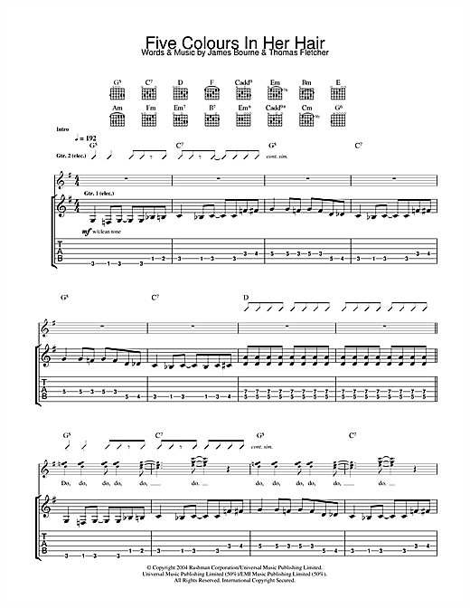 Learn to play McFly Five Colours In Her Hair sheet music for Guitar Tab in minutes. McFly Five Colours In Her Hair sheet music notes and chords. Download Printable PDF.