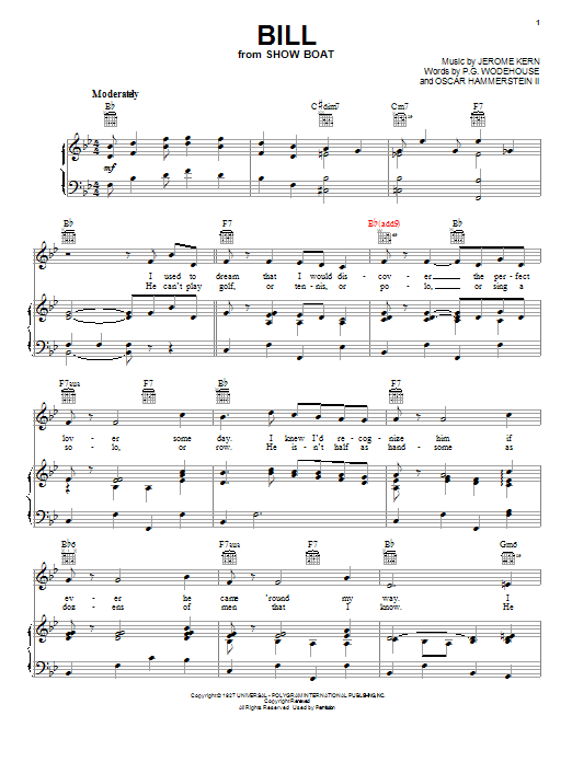 Learn to play Jerome Kern Bill sheet music for Piano, Vocal & Guitar (Right-Hand Melody) in minutes. Jerome Kern Bill sheet music notes and chords. Download Printable PDF.