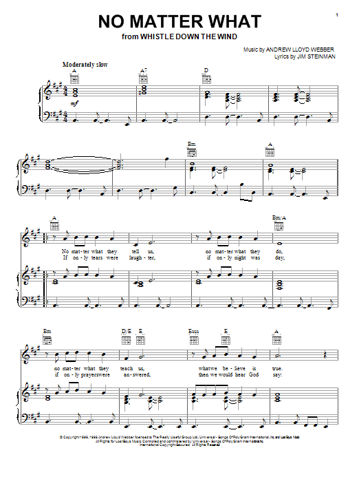 Learn to play Andrew Lloyd Webber No Matter What sheet music for Piano, Vocal & Guitar (Right-Hand Melody) in minutes. Andrew Lloyd Webber No Matter What sheet music notes and chords. Download Printable PDF.