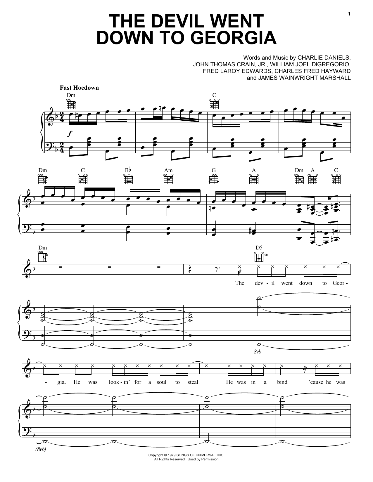 Learn to play Charlie Daniels Band The Devil Went Down To Georgia sheet music for Piano, Vocal & Guitar (Right-Hand Melody) in minutes. Charlie Daniels Band The Devil Went Down To Georgia sheet music notes and chords. Download Printable PDF.
