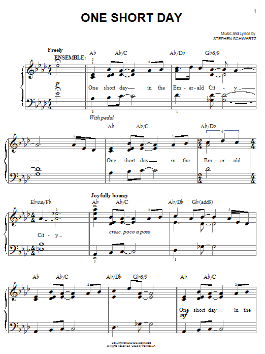 Learn to play Stephen Schwartz One Short Day sheet music for Easy Piano in minutes. Stephen Schwartz One Short Day sheet music notes and chords. Download Printable PDF.