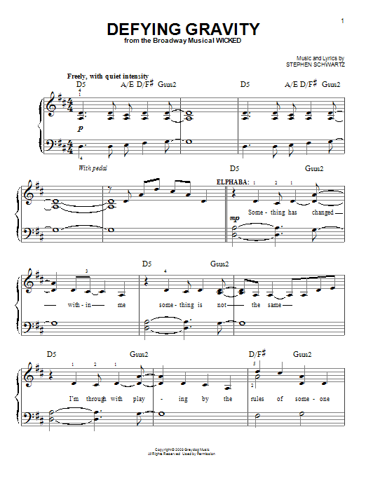 Learn to play Stephen Schwartz Defying Gravity (from the Broadway Musical Wicked) sheet music for Easy Piano in minutes. Stephen Schwartz Defying Gravity (from the Broadway Musical Wicked) sheet music notes and chords. Download Printable PDF.