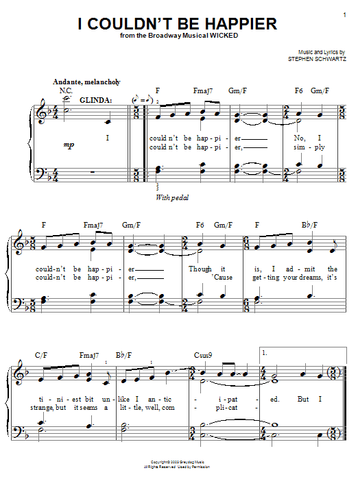 Learn to play Stephen Schwartz I Couldn't Be Happier sheet music for Easy Piano in minutes. Stephen Schwartz I Couldn't Be Happier sheet music notes and chords. Download Printable PDF.