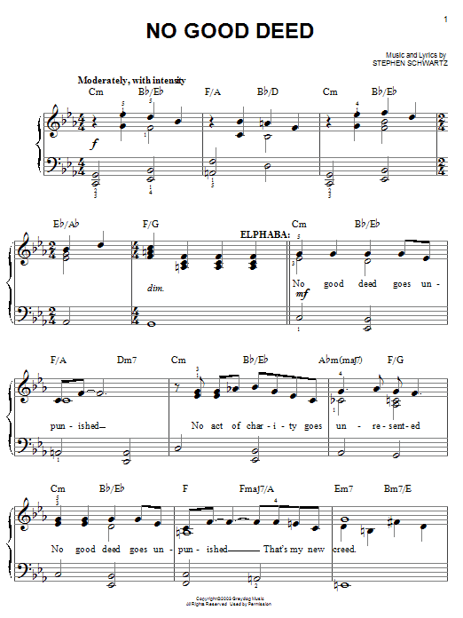 Learn to play Stephen Schwartz No Good Deed sheet music for Easy Piano in minutes. Stephen Schwartz No Good Deed sheet music notes and chords. Download Printable PDF.