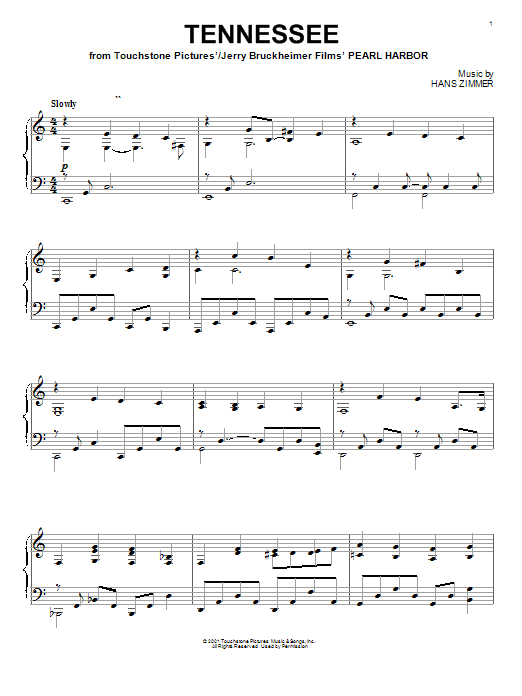 Learn to play Hans Zimmer Tennessee (from Pearl Harbor) sheet music for Piano in minutes. Hans Zimmer Tennessee (from Pearl Harbor) sheet music notes and chords. Download Printable PDF.