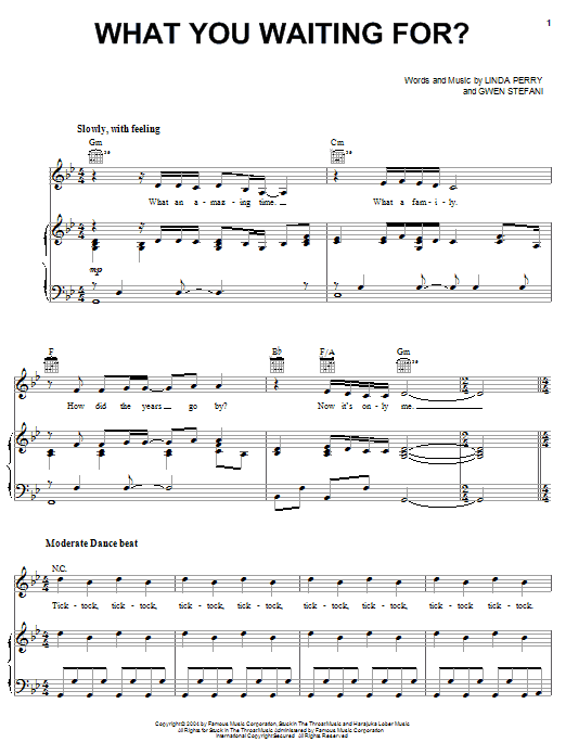Learn to play Gwen Stefani What You Waiting For? sheet music for Piano, Vocal & Guitar (Right-Hand Melody) in minutes. Gwen Stefani What You Waiting For? sheet music notes and chords. Download Printable PDF.